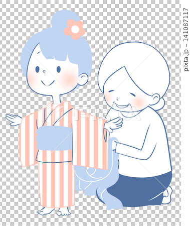 祖母が孫に浴衣を着付けるイラスト 祖母が孫に浴衣を着付けるイラスト 141087117