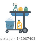 Cleaning cart equipped with spray bottle, detergent bottles, bucket with soap foam, and household cleaning supplies 141087403