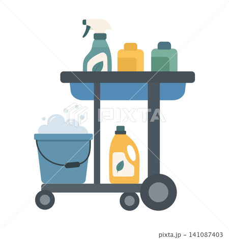Cleaning cart equipped with spray bottle, detergent bottles, bucket with soap foam, and household cleaning supplies Cleaning cart equipped with spray bottle, detergent bottles, bucket with soap foam, and household cleaning supplies 141087403