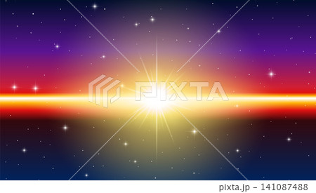 Dark space background with bright horizontal sunburst flare and colorful starry gradient Dark space background with bright horizontal sunburst flare and colorful starry gradient 141087488