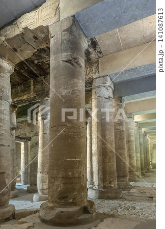 Beautiful interiors and ancient hieroglyphs in the Temple of Seti I in Abydos, Egypt. Beautiful interiors and ancient hieroglyphs in the Temple of Seti I in Abydos, Egypt. 141087613