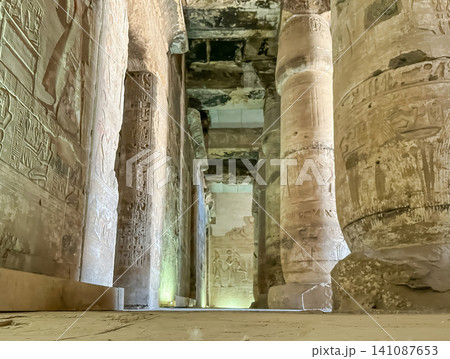 Beautiful interiors and ancient hieroglyphs in the Temple of Seti I in Abydos, Egypt. 141087653