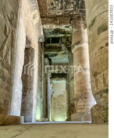 Beautiful interiors and ancient hieroglyphs in the Temple of Seti I in Abydos, Egypt. Beautiful interiors and ancient hieroglyphs in the Temple of Seti I in Abydos, Egypt. 141087655