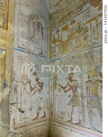 Beautiful bas-reliefs and ancient hieroglyphs in the Temple of Seti I in Abydos, Egypt. Beautiful bas-reliefs and ancient hieroglyphs in the Temple of Seti I in Abydos, Egypt. 141087692