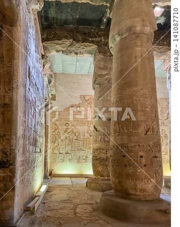 Beautiful interiors and ancient hieroglyphs in the Temple of Seti I in Abydos, Egypt. Beautiful interiors and ancient hieroglyphs in the Temple of Seti I in Abydos, Egypt. 141087710