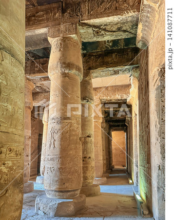 Beautiful interiors and ancient hieroglyphs in the Temple of Seti I in Abydos, Egypt. 141087711