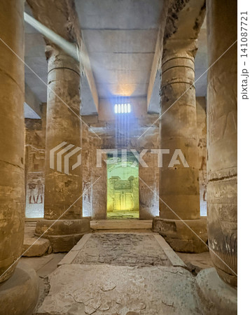 Beautiful interiors and ancient hieroglyphs in the Temple of Seti I in Abydos, Egypt. 141087721