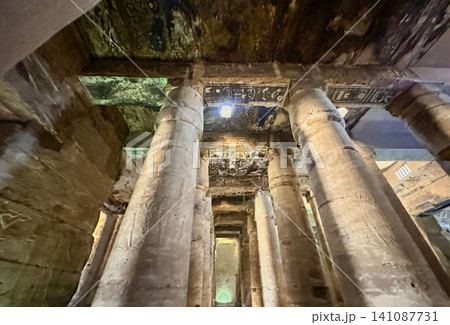 Beautiful interiors and ancient hieroglyphs in the Temple of Seti I in Abydos, Egypt. 141087731