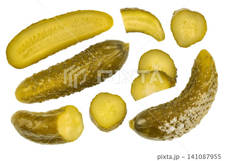 Marinated pickled cucumber isolated on white background with full depth of field. Top view . Flat lay Marinated pickled cucumber isolated on white background with full depth of field. Top view . Flat lay 141087955