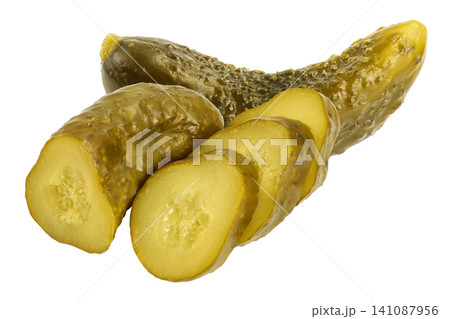 Marinated pickled cucumber isolated on white background with full depth of field Marinated pickled cucumber isolated on white background with full depth of field 141087956