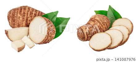 fresh taro root with slices and leaf isolated on white background fresh taro root with slices and leaf isolated on white background 141087976