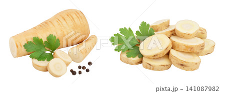 Parsnip root and slices with parsley peppercorns isolated on white background closeup Parsnip root and slices with parsley peppercorns isolated on white background closeup 141087982