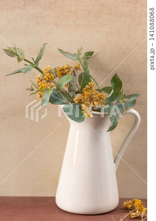 Vintage white enamel pitcher with dried yellow flowers and eucalyptus leaves set against a warm textured background creating a rustic aesthetic 141088068