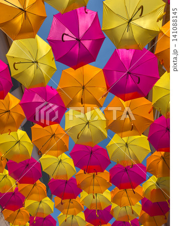 Vibrant colorful umbrellas suspended in the sky above a street in Agueda Portugal creating a beautiful and artistic urban canopy installation 141088145