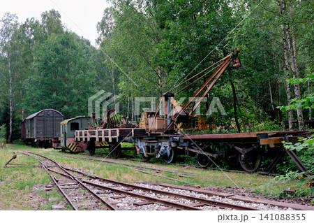 Vintage narrow gauge railway train with maintenance crane wagon parked on tracks surrounded by trees Vintage narrow gauge railway train with maintenance crane wagon parked on tracks surrounded by trees 141088355