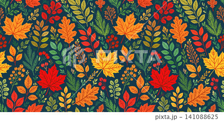 Vector seamless pattern with bright autumn leaves and berries on dark blue background 141088625