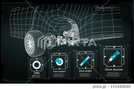 Detailed diagram of car suspension showing parts like tires, brake assistant, drive shafts, and shock absorber Detailed diagram of car suspension showing parts like tires, brake assistant, drive shafts, and shock absorber 141088680