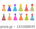 Collection of colorful party hats with playful patterns and decorative toppers including flowers, hearts, stars, bunny ears, bows, and bones 141088695