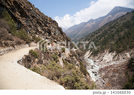 Imja river suspension bridge view along EBC trek, Nepal Imja river suspension bridge view along EBC trek, Nepal 141088830