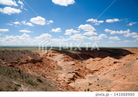 Flaming Cliffs rocks landscape, Mongolia. Gobi desert Flaming Cliffs rocks landscape, Mongolia. Gobi desert 141088980