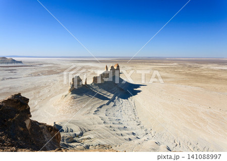 Stunning Mangystau landscape, Kazakhstan. Ak Orpa pinnacles aerial view, Bozzhira valley 141088997