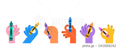 Colorful hands with crayons doodles collection for back to school, preschool education and Colorful hands with crayons doodles collection for back to school, preschool education and 141089242