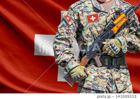 Switzerland flag with soldier holding assault rifle Switzerland flag with soldier holding assault rifle 141089318