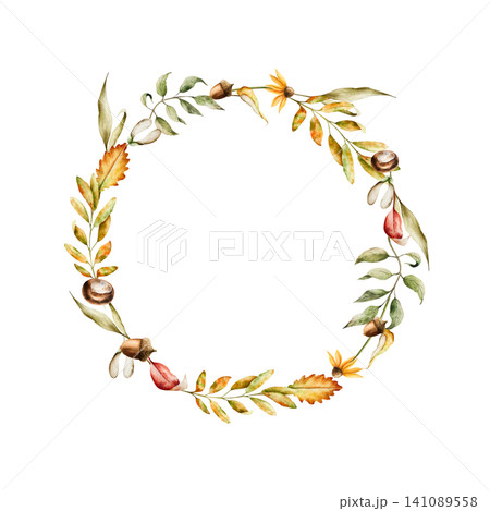 Watercolor wreath with pumpkins hand-drawn maple, sunflowers, rudbeckia flower, oak leaf, halloween autumn vegetable perfect for harvest and thanksgiving themes. Isolated botanical illustration for Watercolor wreath with pumpkins hand-drawn maple, sunflowers, rudbeckia flower, oak leaf, halloween autumn vegetable perfect for harvest and thanksgiving themes. Isolated botanical illustration for 141089558