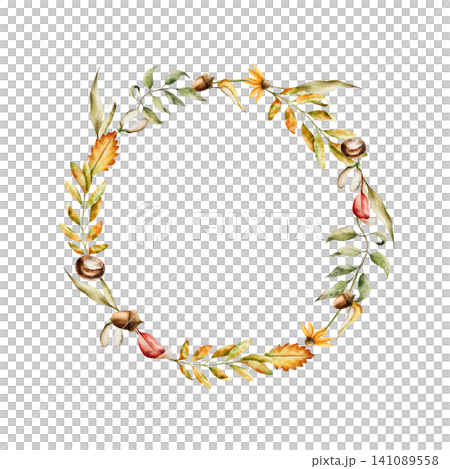 Watercolor wreath with pumpkins hand-drawn maple, sunflowers, rudbeckia flower, oak leaf, halloween autumn vegetable perfect for harvest and thanksgiving themes. Isolated botanical illustration for Watercolor wreath with pumpkins hand-drawn maple, sunflowers, rudbeckia flower, oak leaf, halloween autumn vegetable perfect for harvest and thanksgiving themes. Isolated botanical illustration for 141089558