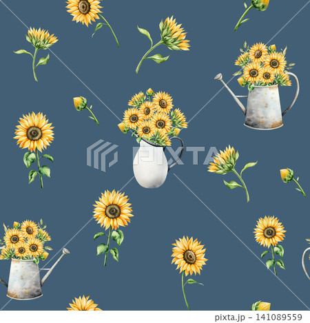 Seamless pattern. Watercolor bouquet of bright yellow sunflowers in porcelain jug, metallic watering can. Botanical hand drawn flowers in ceramic pitcher, illustration isolated on background. Ideal Seamless pattern. Watercolor bouquet of bright yellow sunflowers in porcelain jug, metallic watering can. Botanical hand drawn flowers in ceramic pitcher, illustration isolated on background. Ideal 141089559