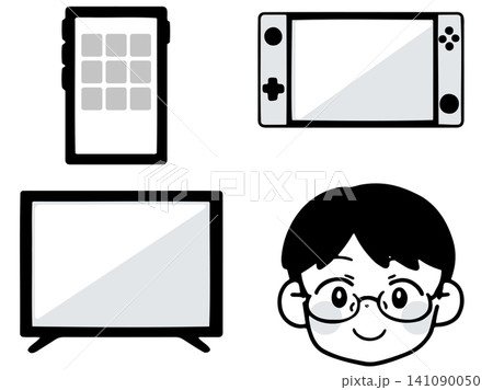 デジタル機器と眼鏡の子供のイラスト(モノクロ) デジタル機器と眼鏡の子供のイラスト(モノクロ) 141090050