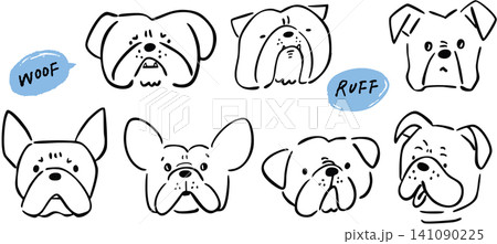 手描き犬の顔イラストセット　線画スケッチ　さまざまな犬種　ペット素材　テキスタイル・ステーショナリ 141090225