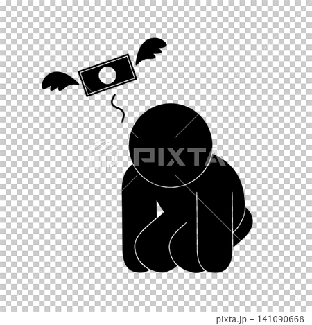 A simple pictogram of a person depressed by money flying away. A simple pictogram of a person depressed by money flying away. 141090668