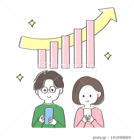 家計の資産が順調に伸びている夫婦のかわいい手描きイラスト 家計の資産が順調に伸びている夫婦のかわいい手描きイラスト 141090669