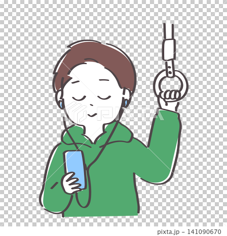 An illustration of a young man listening to music with his eyes closed on a train. An illustration of a young man listening to music with his eyes closed on a train. 141090670