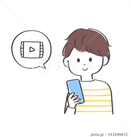 スマホで動画鑑賞をしている若い男性のかわいい手描きイラスト スマホで動画鑑賞をしている若い男性のかわいい手描きイラスト 141090672