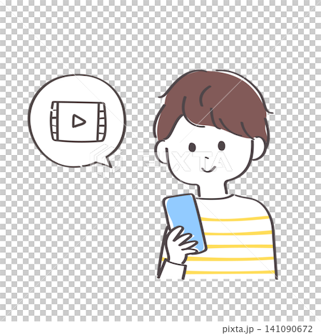 スマホで動画鑑賞をしている若い男性のかわいい手描きイラスト スマホで動画鑑賞をしている若い男性のかわいい手描きイラスト 141090672
