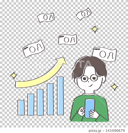 An illustration of a young man who made a lot of money through successful day trading. An illustration of a young man who made a lot of money through successful day trading. 141090679