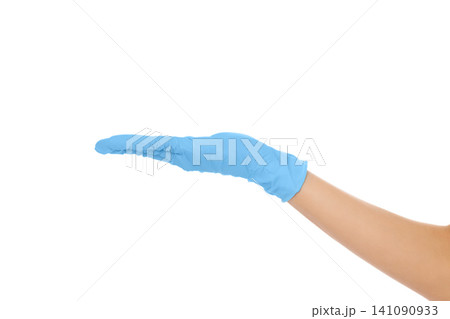 Gloved hand positioned flat in a hygienic gesture, isolated, PNG Gloved hand positioned flat in a hygienic gesture, isolated, PNG 141090933