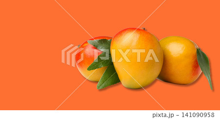Mangoes arranged with lush green leaves create an inviting fruit display Mangoes arranged with lush green leaves create an inviting fruit display 141090958