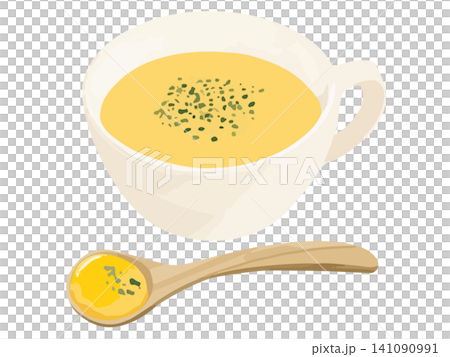 Corn chowder and a spoonful of it using a wooden spoon. Corn chowder and a spoonful of it using a wooden spoon. 141090991