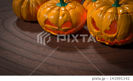 Spooky Halloween Jack O Lantern Pumpkins On Dark Table 3d render. Spooky Halloween Jack O Lantern Pumpkins On Dark Table 3d render. 141091142