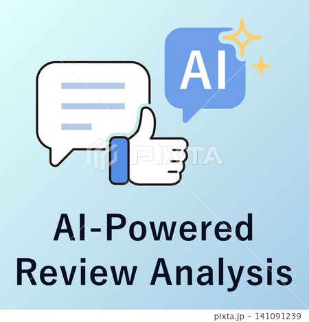 AIでレビュー分析をするサムズアップと吹き出しの評価アイコン AIでレビュー分析をするサムズアップと吹き出しの評価アイコン 141091239