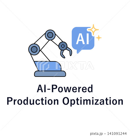 AIで生産最適化をするロボットアームと工場のスマート製造アイコン AIで生産最適化をするロボットアームと工場のスマート製造アイコン 141091244