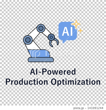 AIで生産最適化をするロボットアームと工場のスマート製造アイコン AIで生産最適化をするロボットアームと工場のスマート製造アイコン 141091244