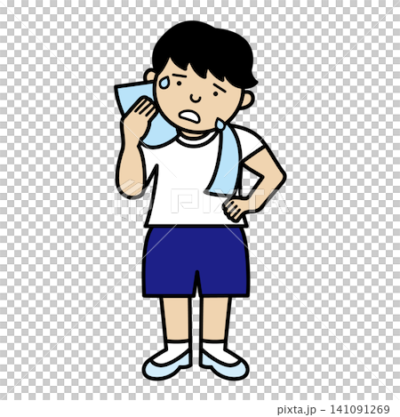 汗を拭いて困った顔の男の子 141091269