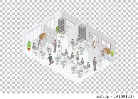 Isometric illustration of a company's office space and its employees at work. Isometric illustration of a company's office space and its employees at work. 141091337