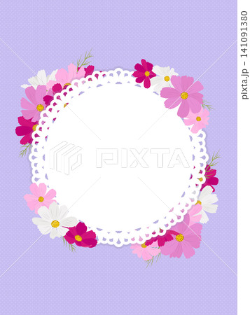 コスモスの花と丸いレースのフレーム素材(縦向き) コスモスの花と丸いレースのフレーム素材(縦向き) 141091380