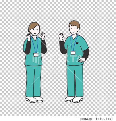 男女醫護人員面帶微笑,擺出勝利姿勢的全身插圖。 男女醫護人員面帶微笑,擺出勝利姿勢的全身插圖。 141091431
