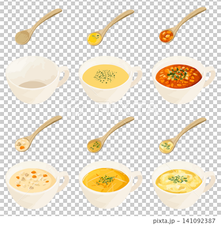A set of various cup soups and one wooden spoon. A set of various cup soups and one wooden spoon. 141092387